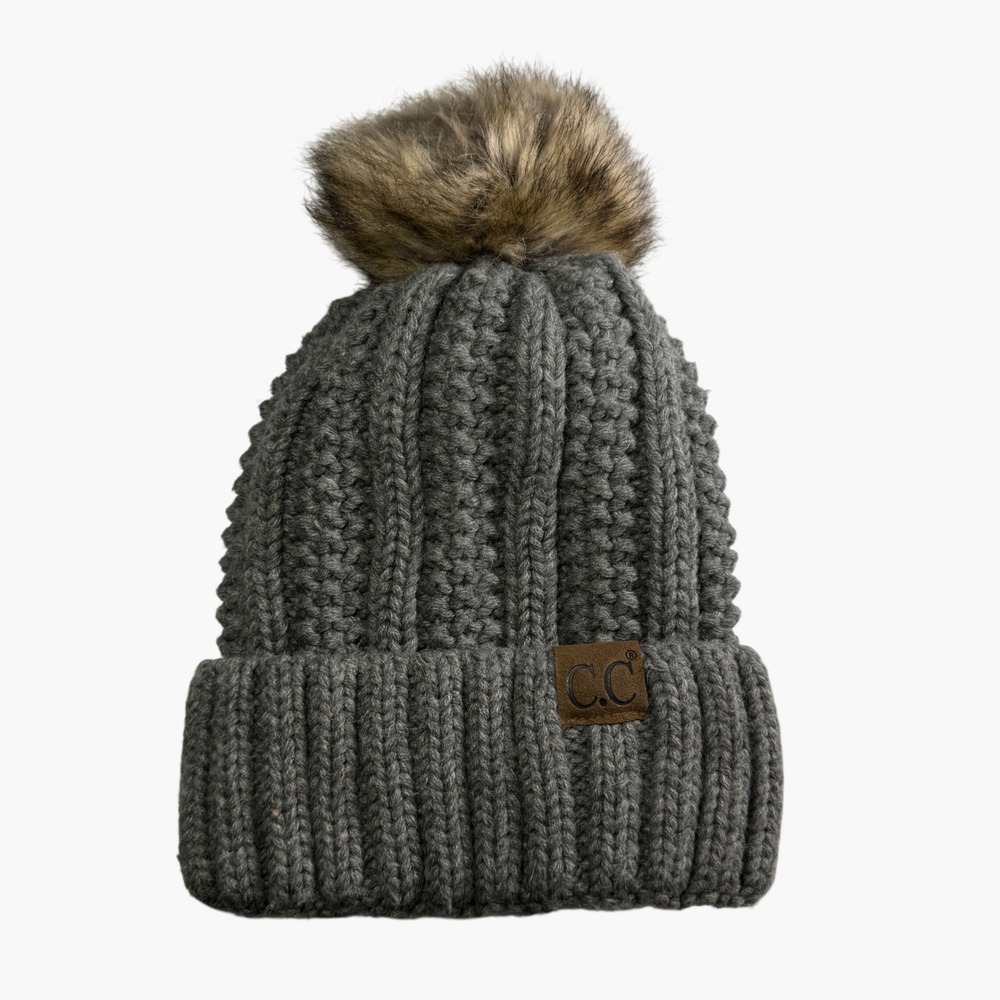 C.C Exclusives Gray Cable Knit Beanie Faux Fur Pom Fleece Lined Winter Hat